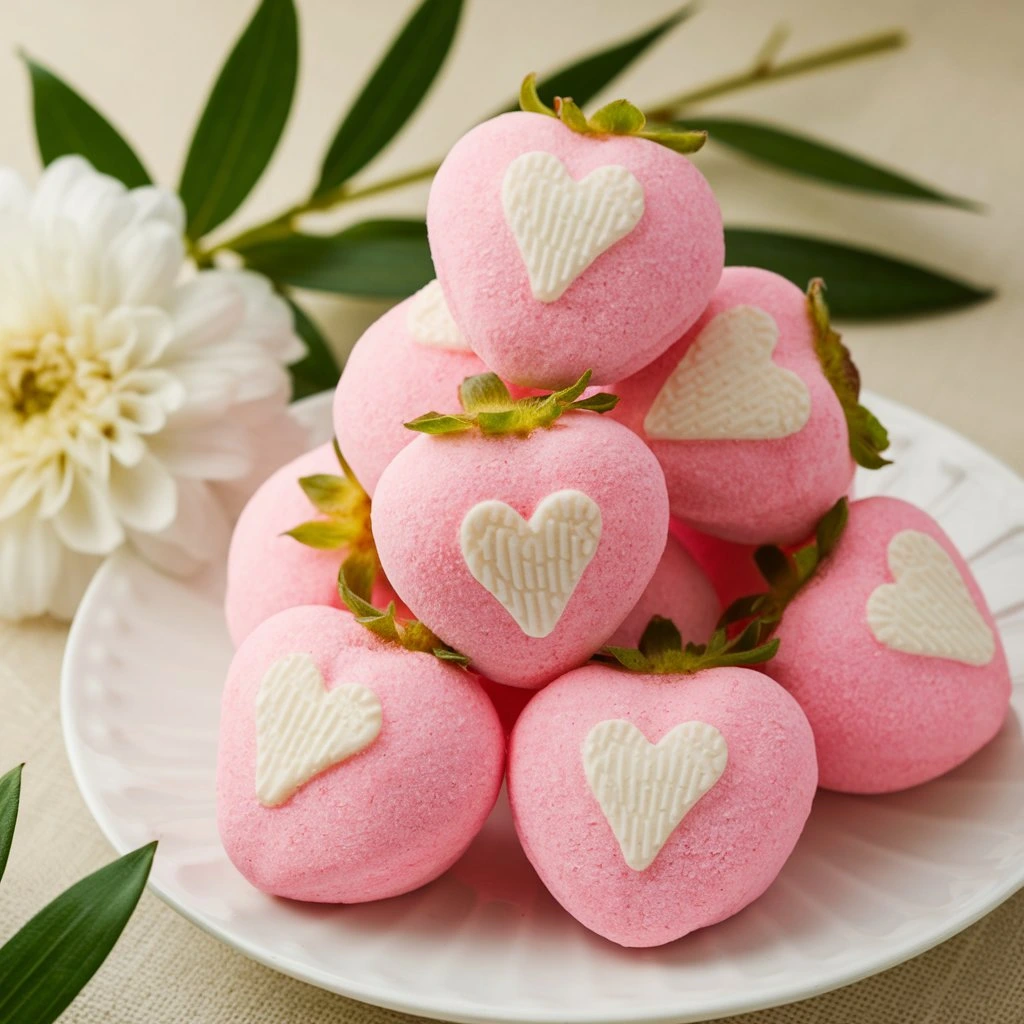 A close-up of homemade strawberry bon bons on a plate, showcasing a variety of coatings like chocolate and sugar.