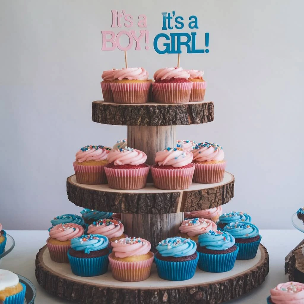 Decorative toppers on gender reveal cupcakes for party