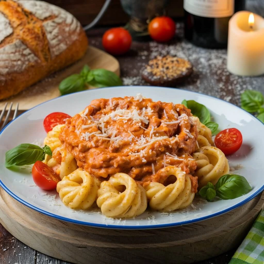 Lumache pasta served with classic tomato sauce, garnished with fresh basil.