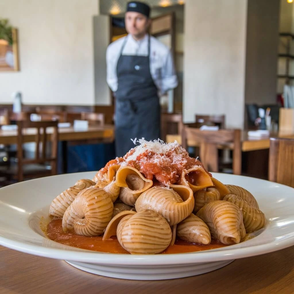 Lumache pasta with tomato and basil sauce