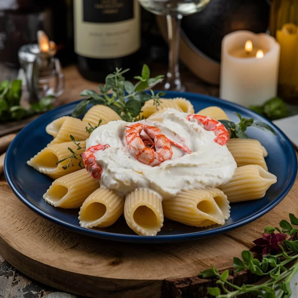 Close-up of Lumache pasta on a wooden counter