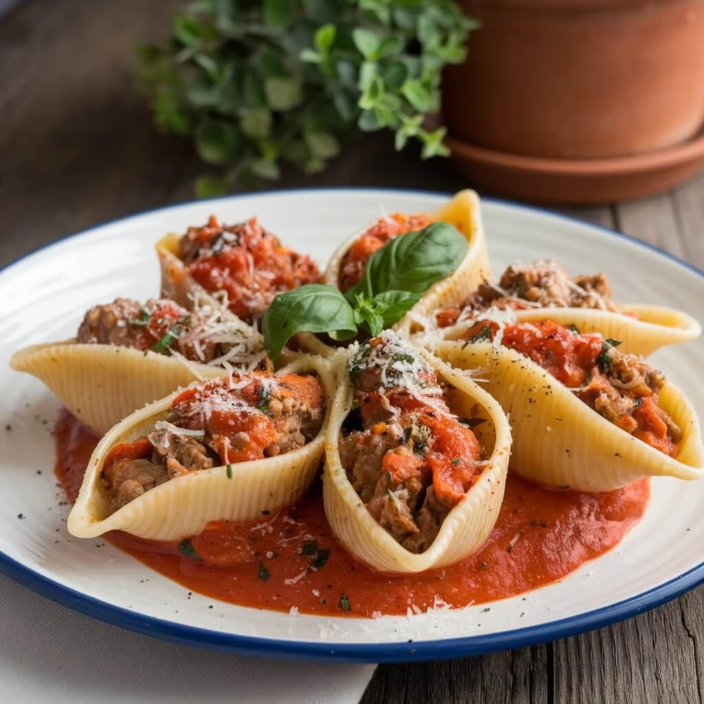 cooked Lumache pasta with tomato sauce and basil