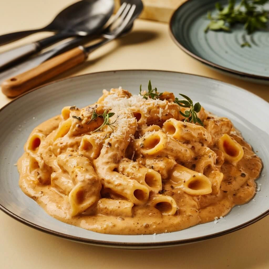 Plate of Lumache pasta topped with rich meat sauce