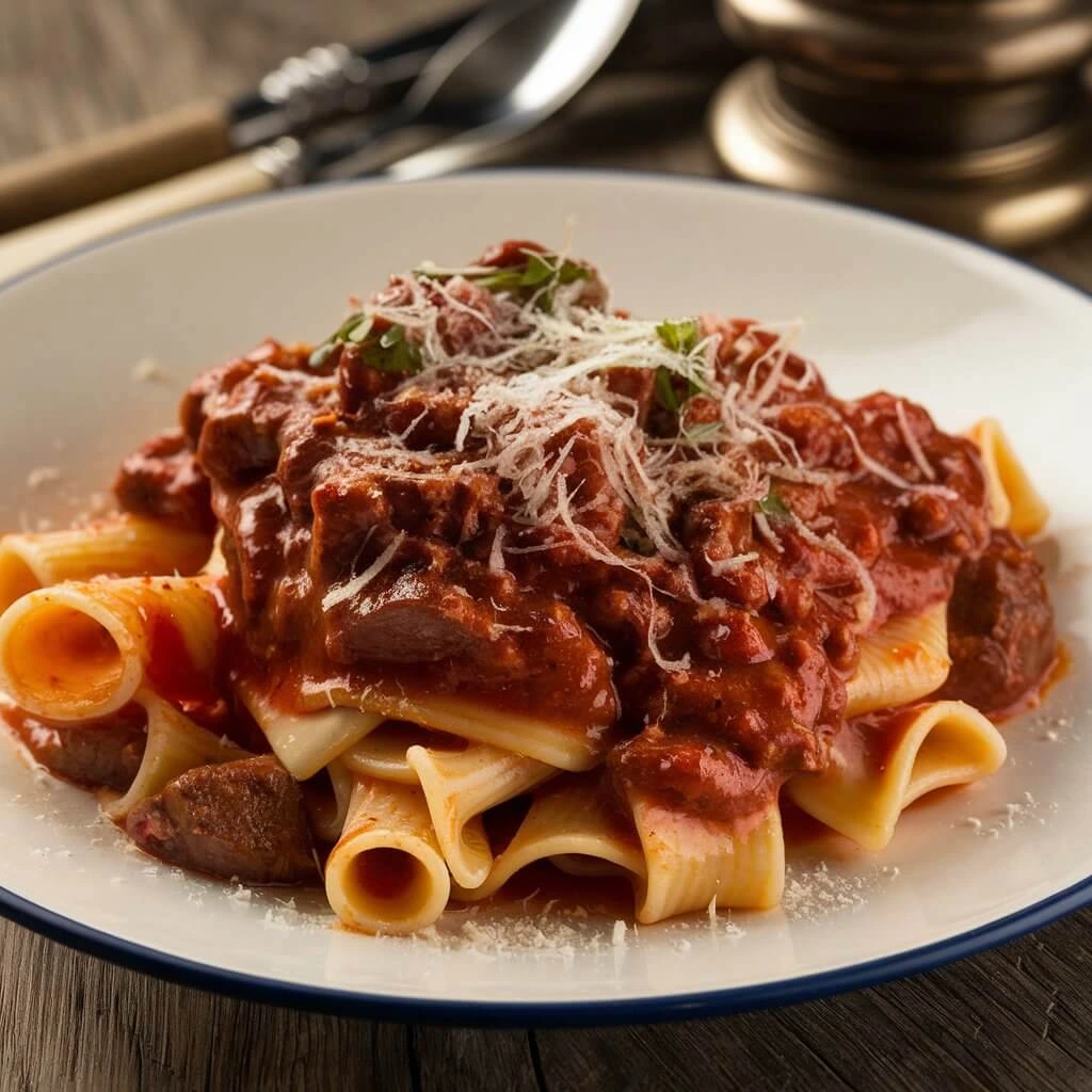 Spicy Mafaldine pasta with sausage and colorful bell peppers.