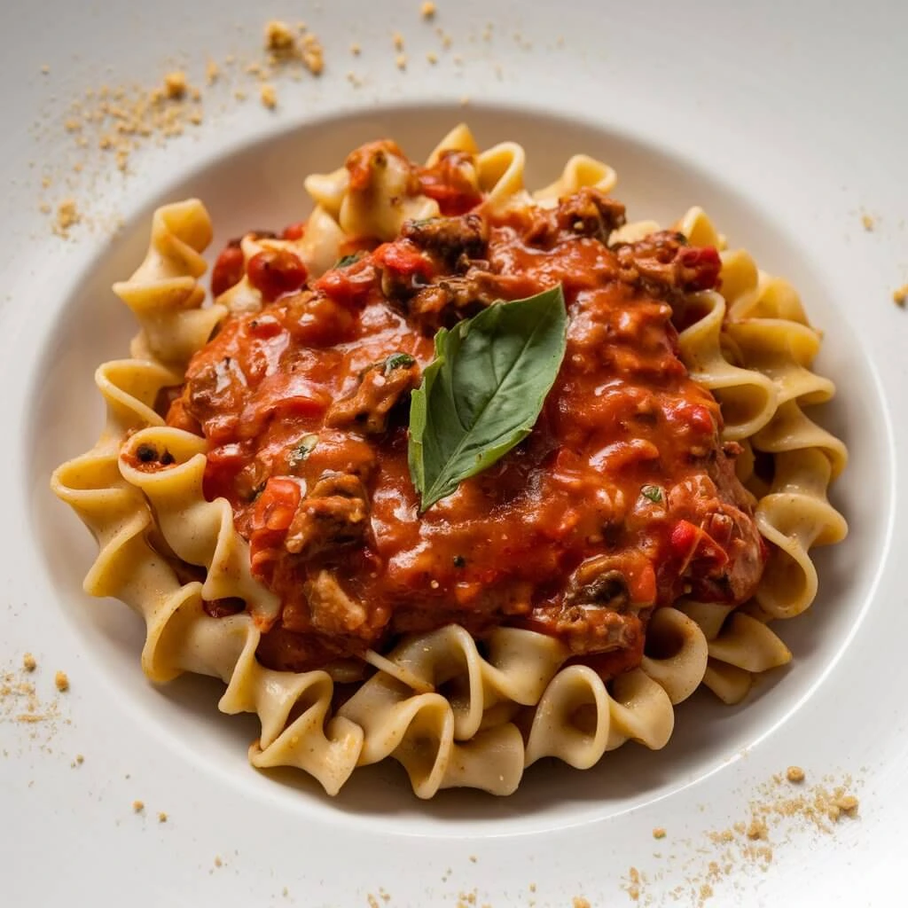 Plate of Mafaldine pasta with rich tomato sauce, fresh basil, and grated parmesan.