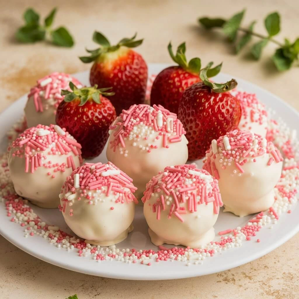 A person shaping strawberry bon bons by hand, with a bowl of strawberry filling in the background.