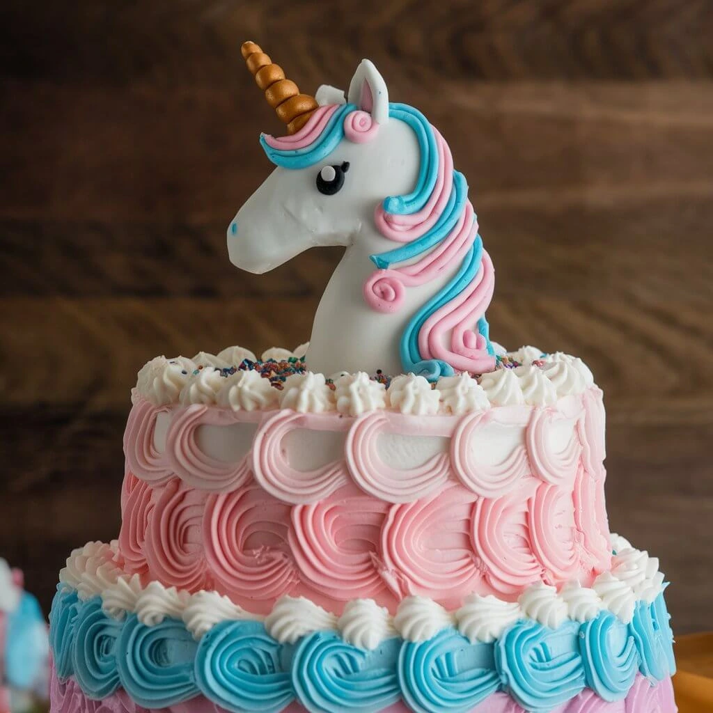 A beautifully decorated unicorn cake with pastel-colored buttercream mane, a golden horn, and fondant ears, sitting on a white cake stand against a light background.

