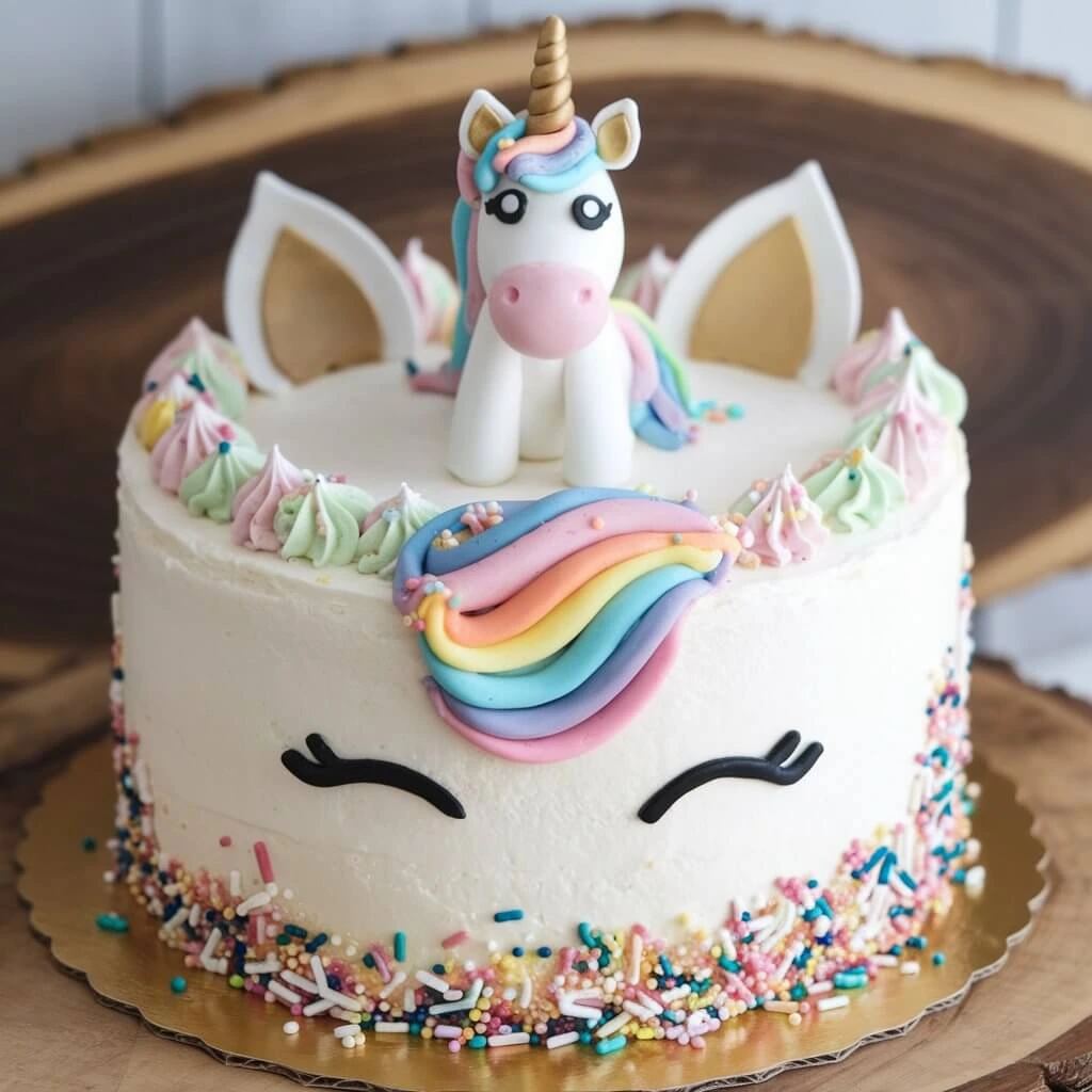 A colorful DIY unicorn cake featuring a golden edible horn, pastel rainbow mane, and fondant decorations, perfect for birthday parties or special celebrations