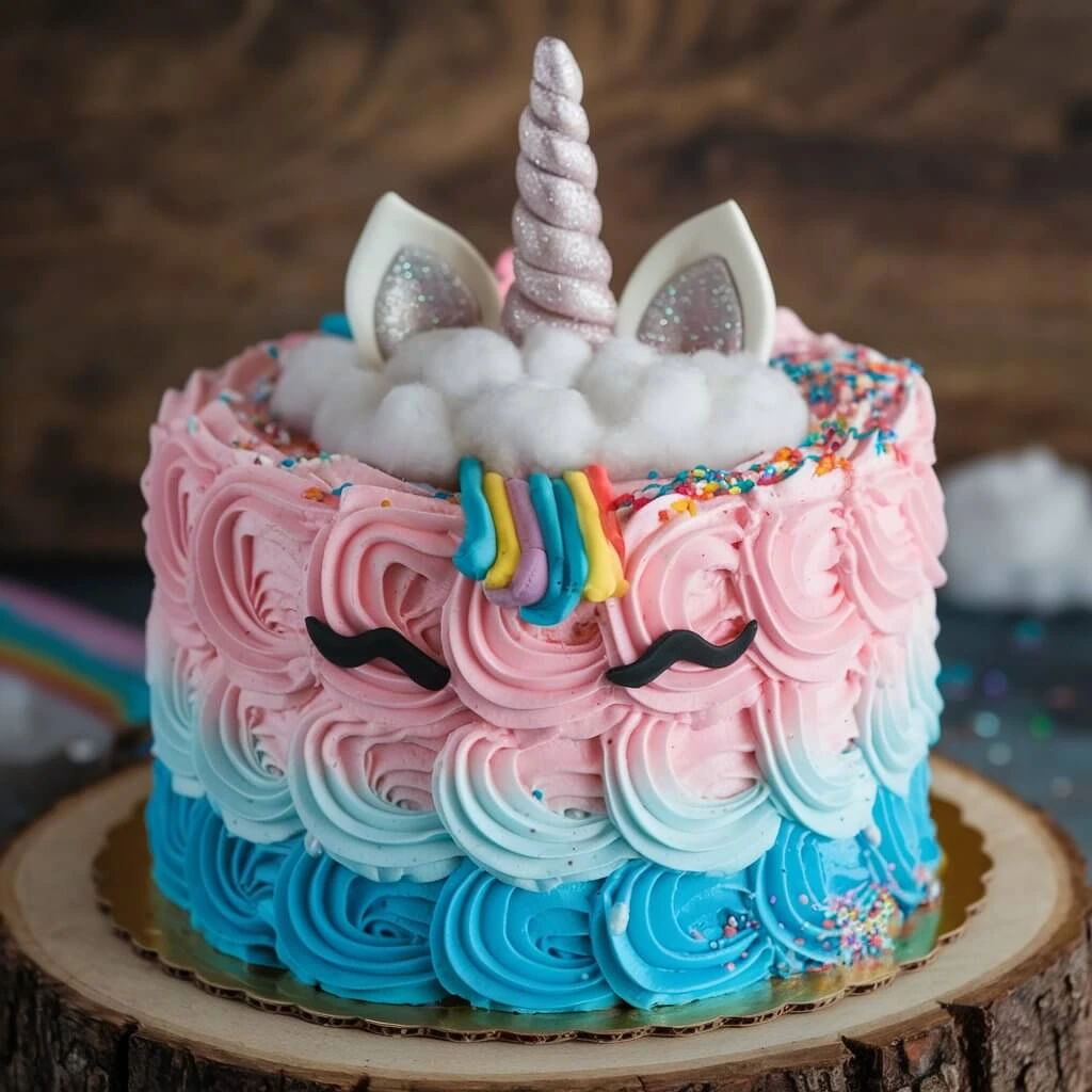 A beautifully decorated gender reveal cake with pink and blue frosting, topped with a 'Boy or Girl?' cake topper, surrounded by party decorations.