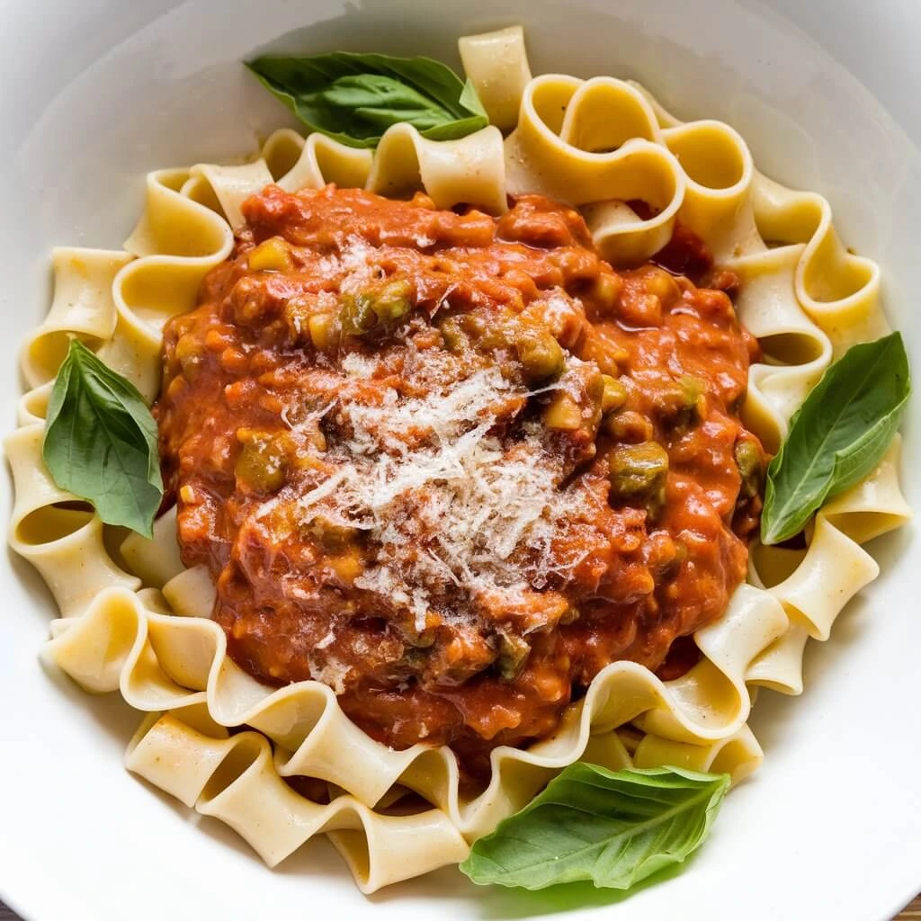 Cooked Mafaldine pasta with an elegant presentation and garnish