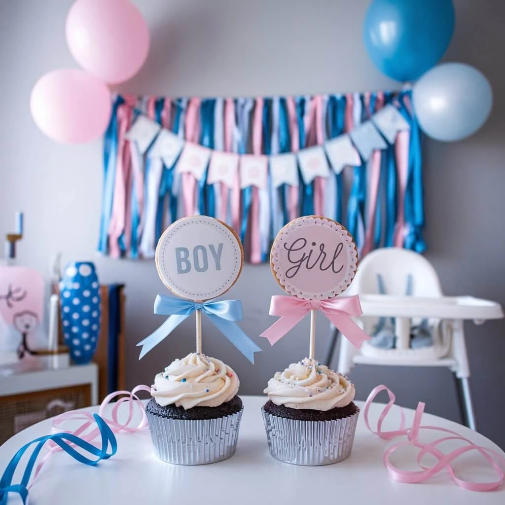 Colorful gender reveal cupcakes with hidden surprise filling.