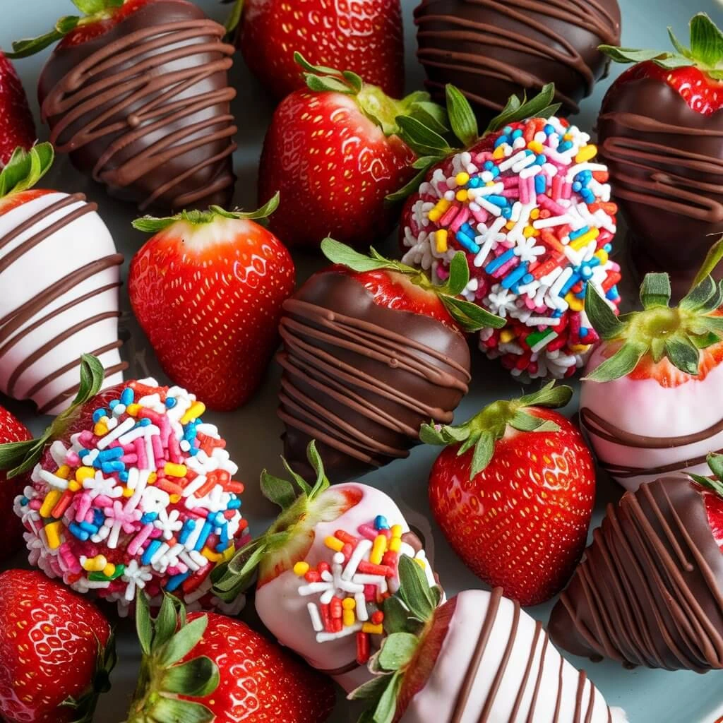 A tray of strawberry bon bons coated in chocolate and topped with sprinkles, ready for presentation.