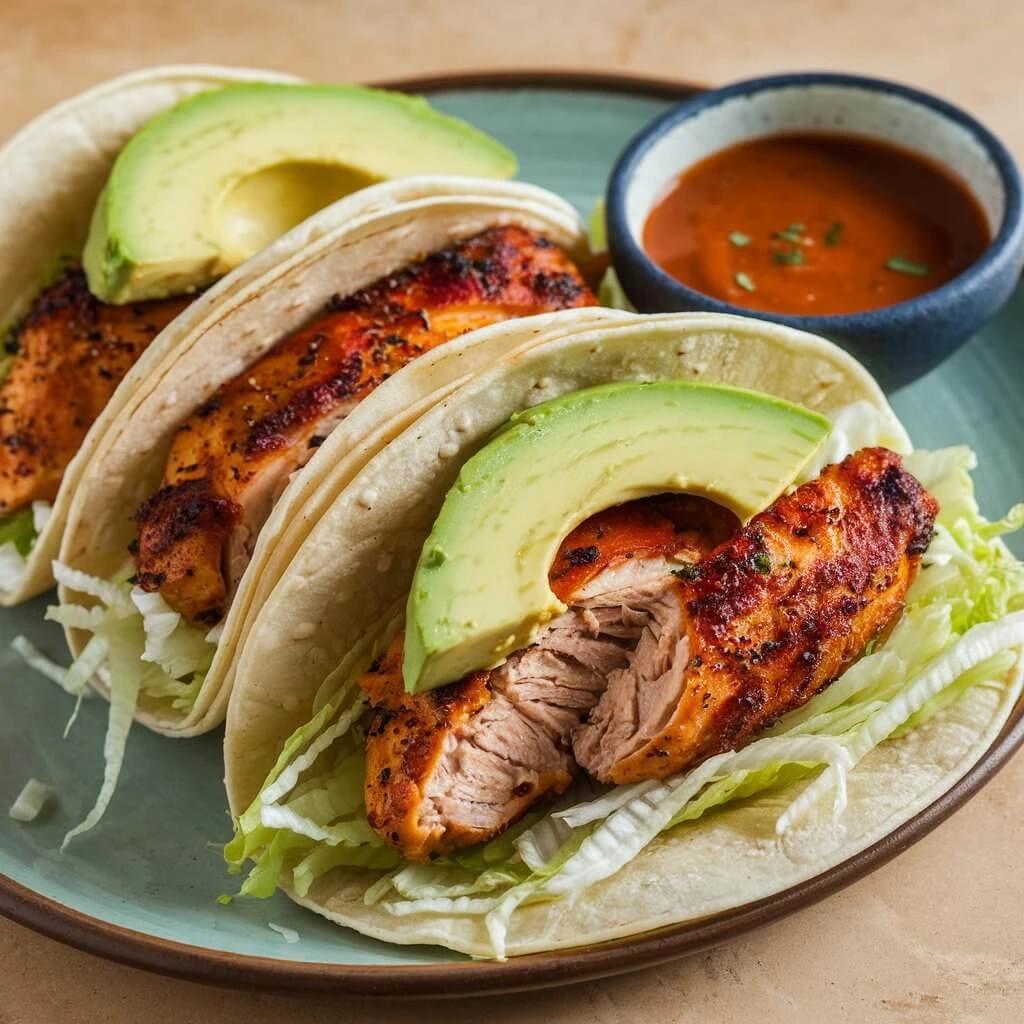 A delicious serving of chicken super tacos topped with fresh ingredients and served with lime wedges