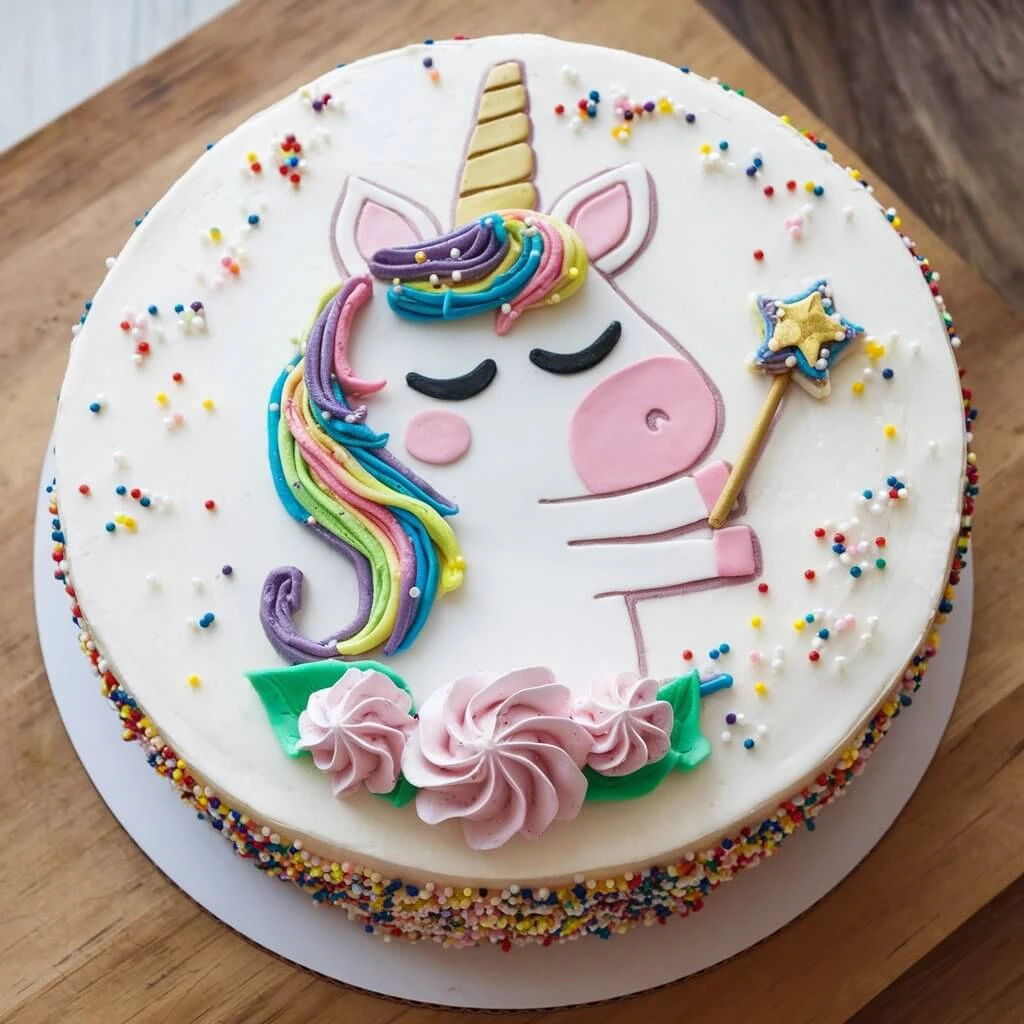 A beautifully decorated unicorn cake with pastel-colored buttercream frosting, a golden fondant horn, and edible flowers, perfect for a birthday celebration.