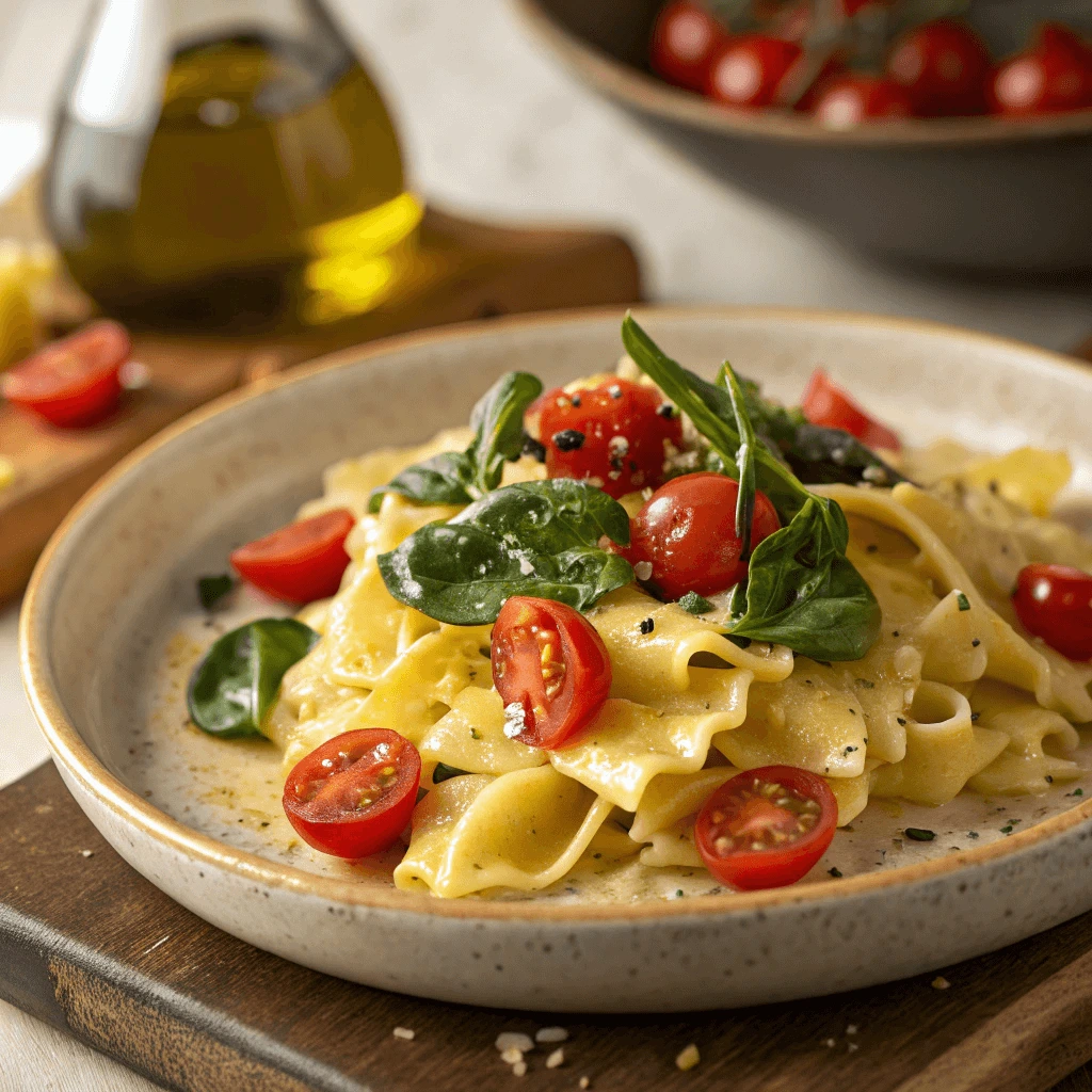 Mafaldine pasta tossed in olive oil and garlic, topped with cherry tomatoes and spinach.