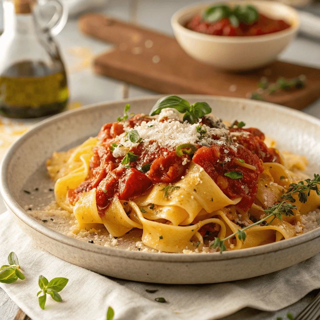 Mafaldine pasta paired with a rich tomato sauce, fresh basil, and Parmesan cheese.