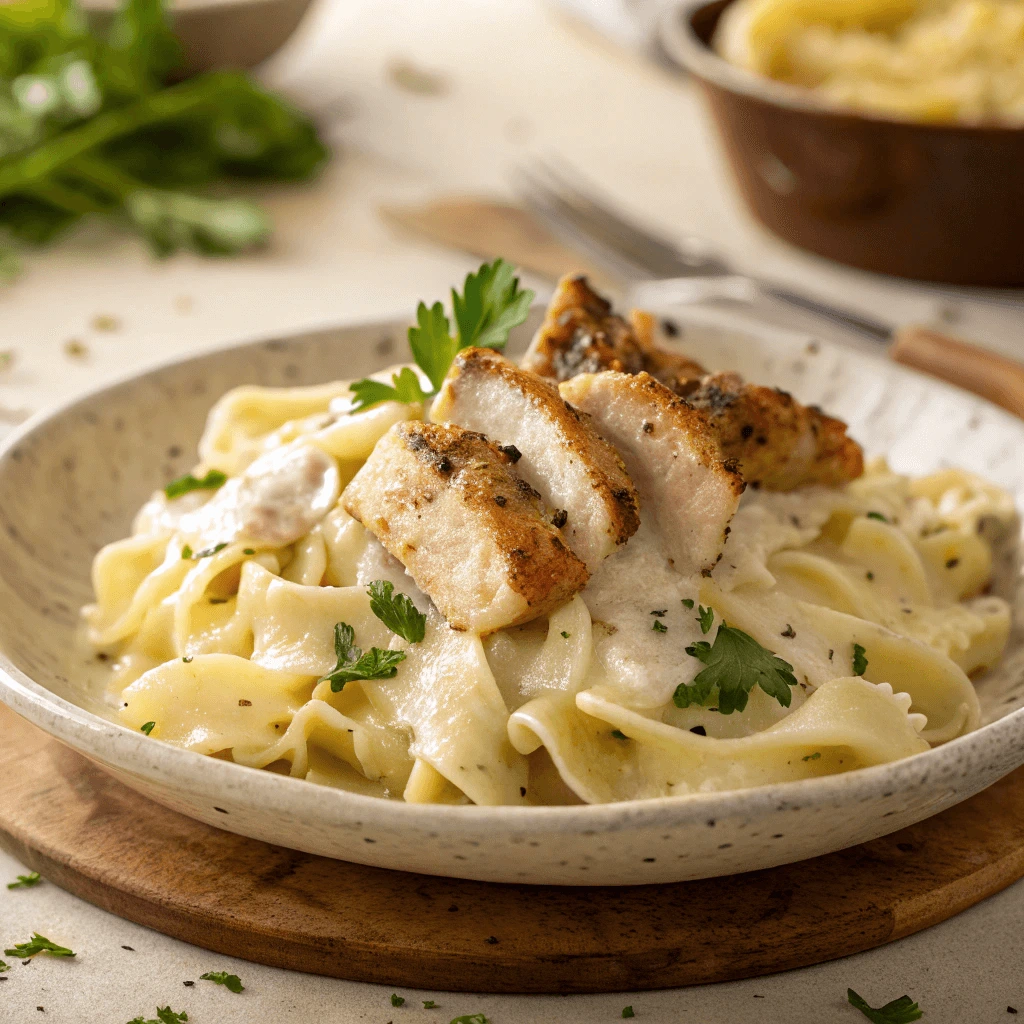 Mafaldine pasta served with creamy Alfredo sauce, roasted chicken, and fresh parsley.