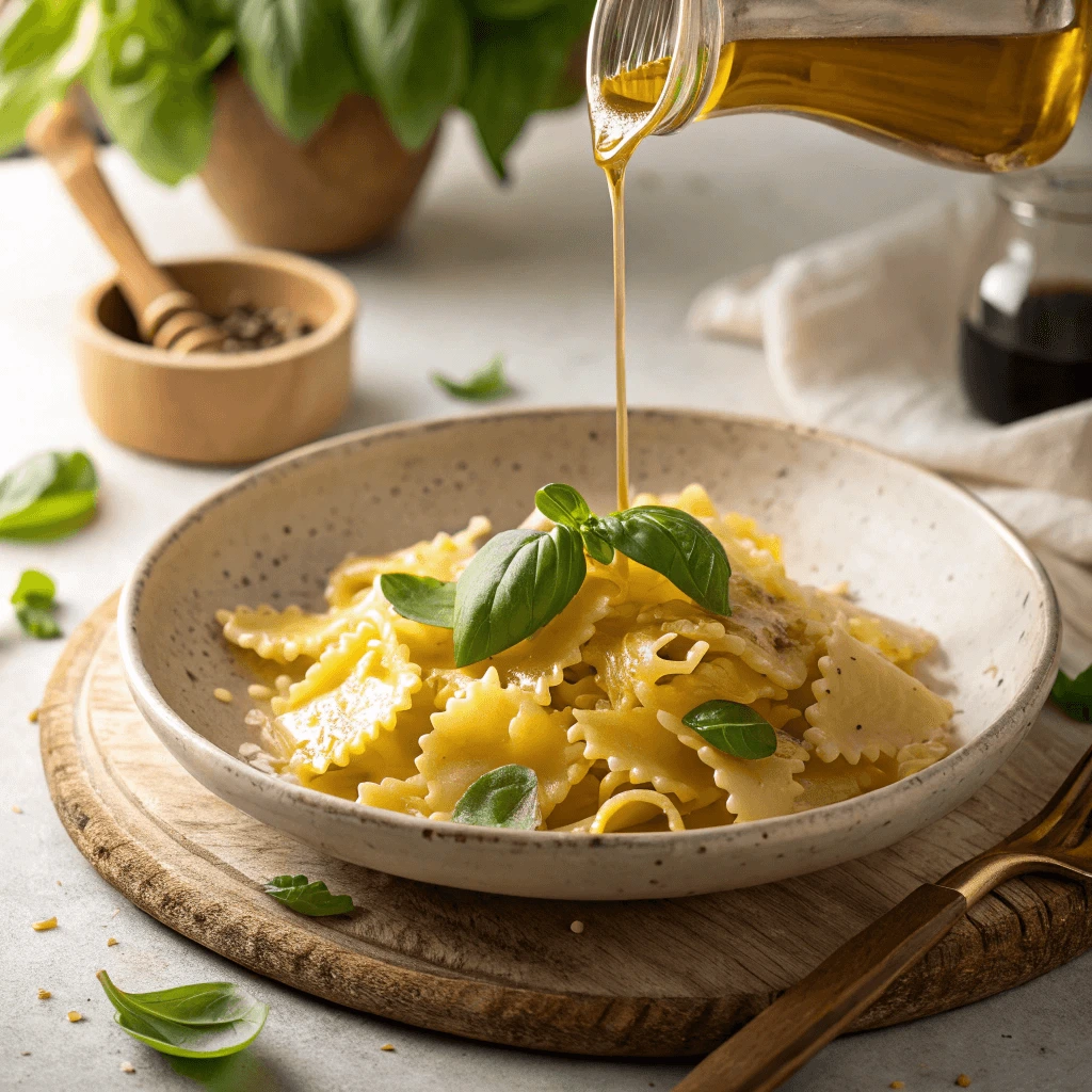 A plate of Mafaldine pasta topped with basil and a drizzle of olive oil.