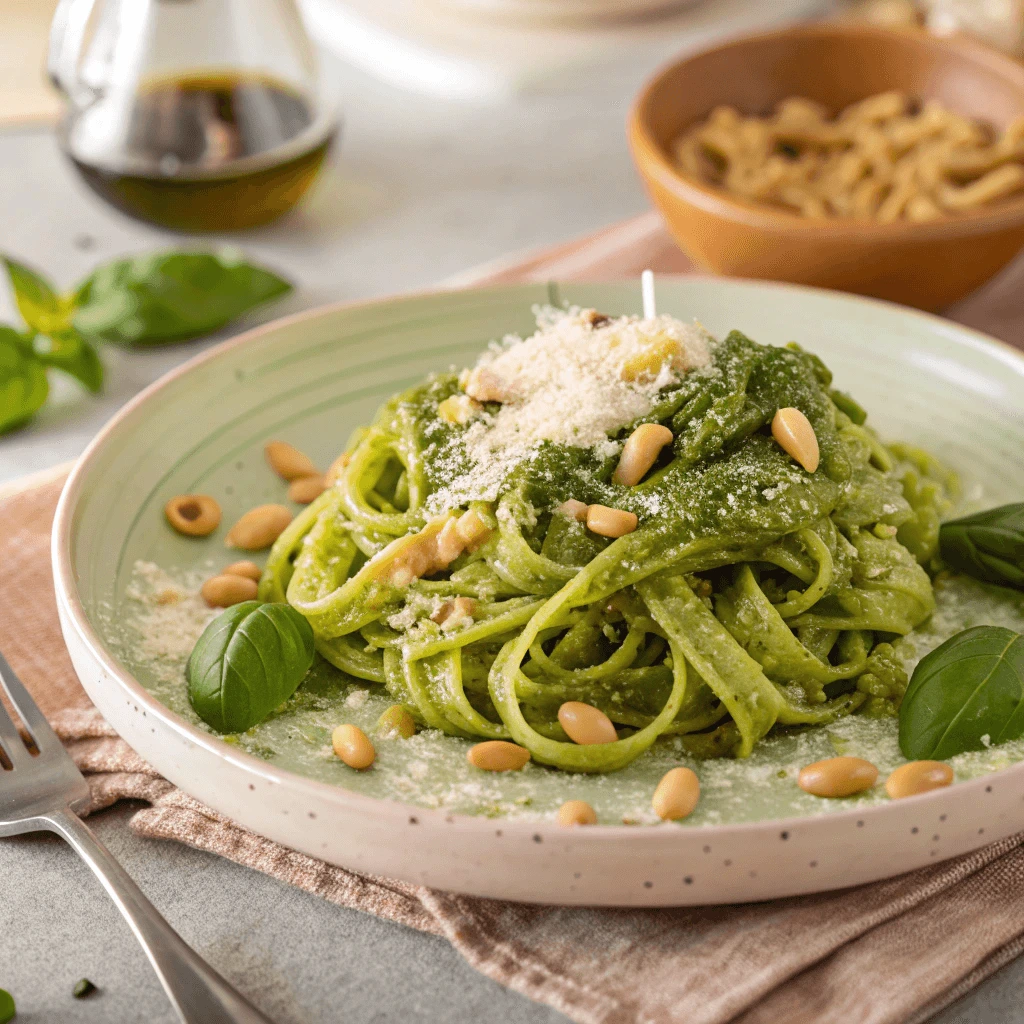 Mafaldine pasta paired with fresh pesto, topped with pine nuts and Parmesan.