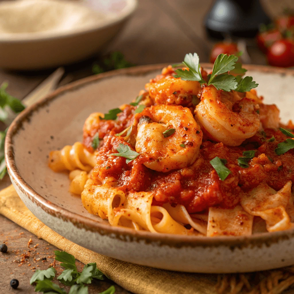 A spicy Arrabbiata Mafaldine pasta dish with shrimp, chili flakes, and a garnish of parsley.