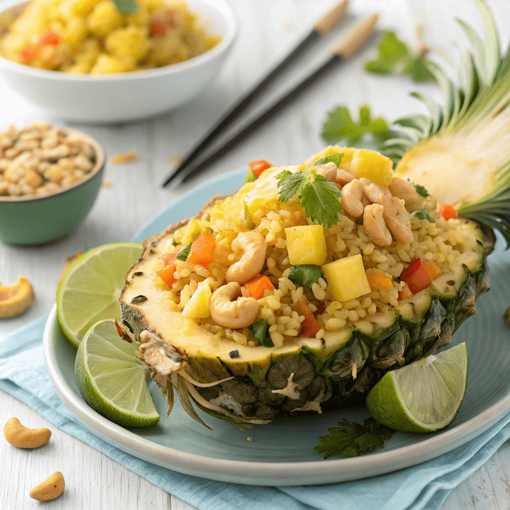 A plate of Thai-inspired pineapple fried rice with colorful ingredients and a garnish of fresh herbs.