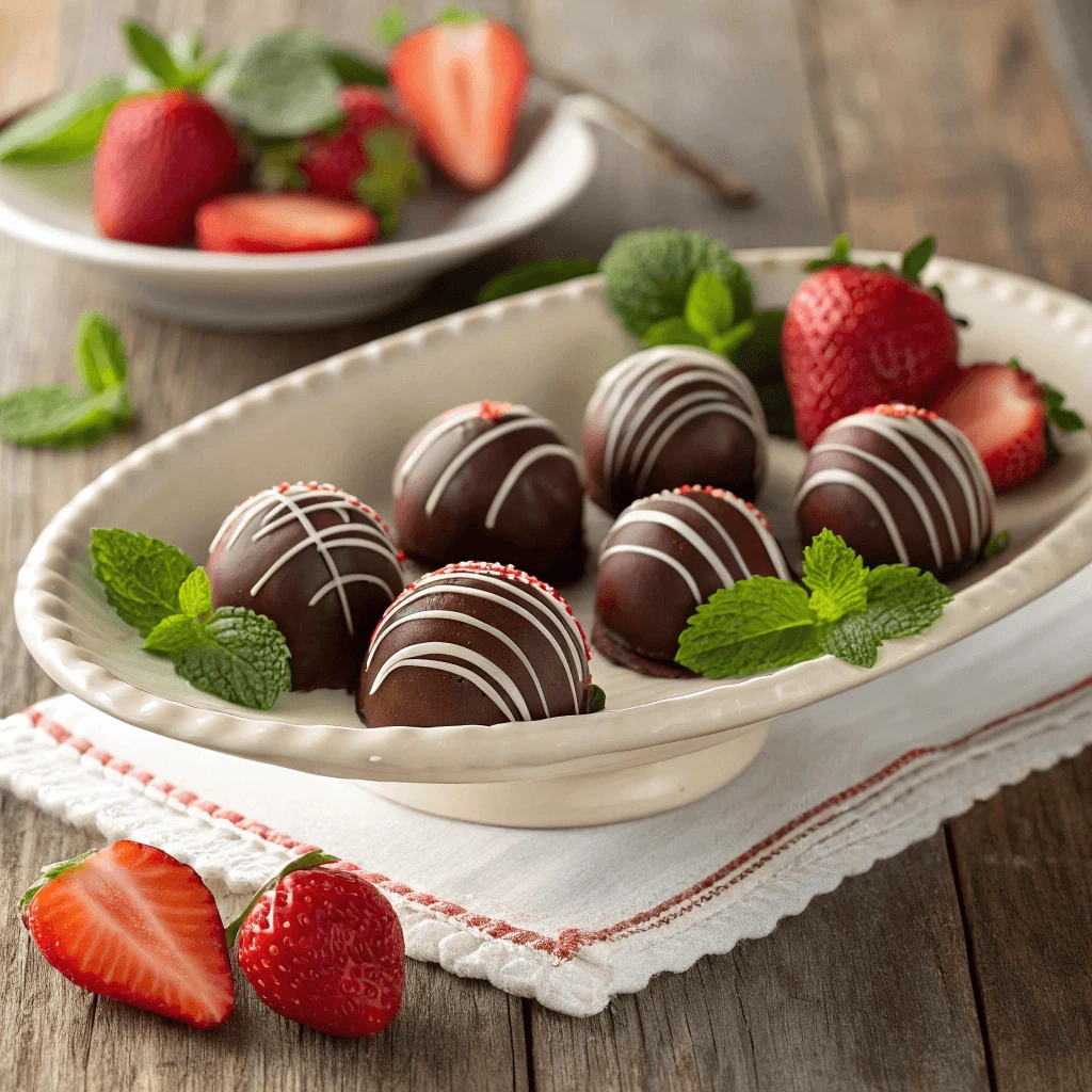 A platter of finished strawberry bon bons arranged beautifully for serving.