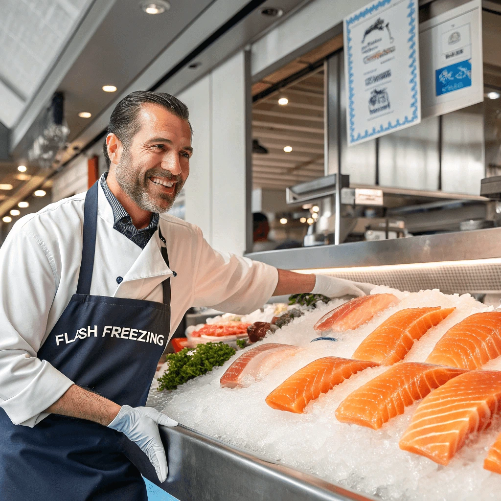 Visual inspection of sushi grade salmon for freshness and quality