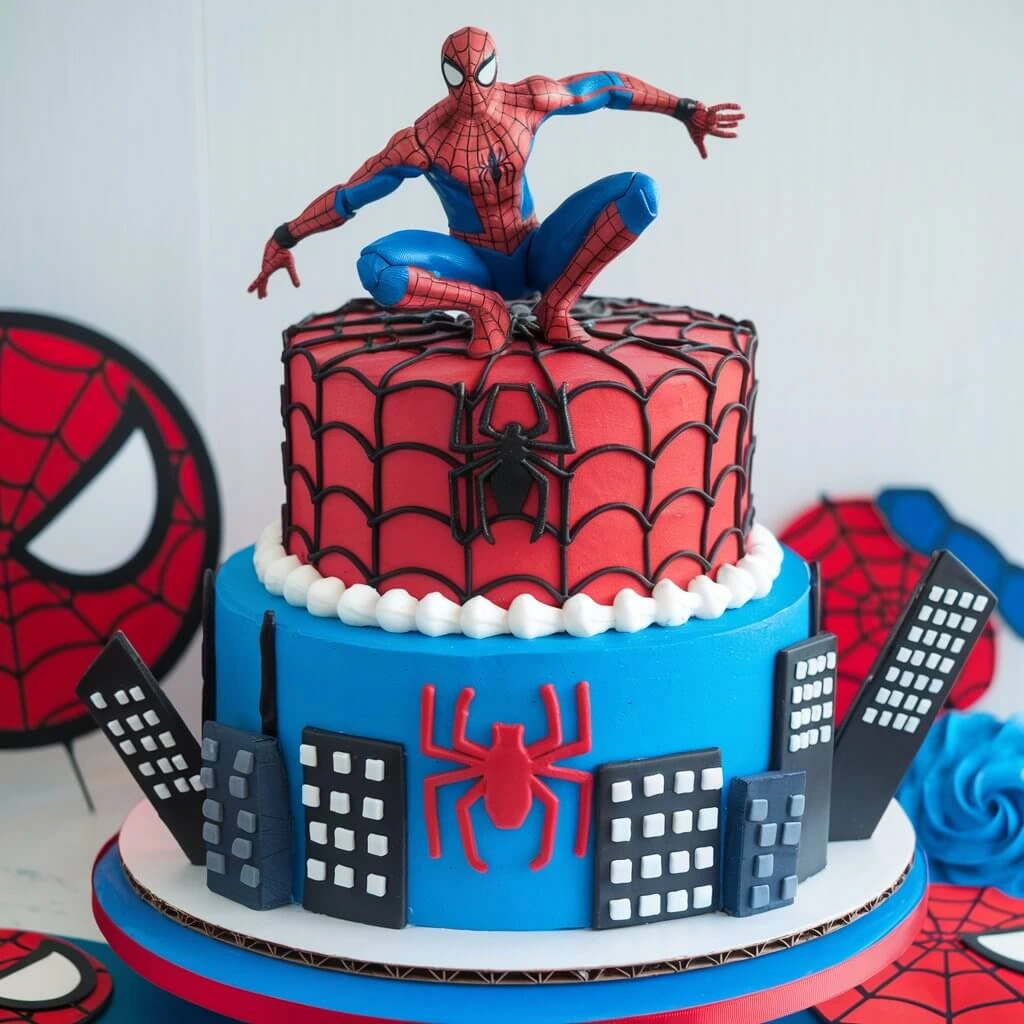 A beautifully crafted Spiderman cake featuring red and blue fondant, intricate black web designs, and a black 3D spider topper.