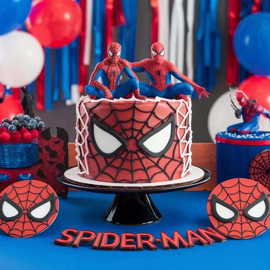 A stunning Spiderman-themed cake featuring intricate web designs, Spiderman figurines, and vibrant red and blue decorations, displayed at a superhero-themed party