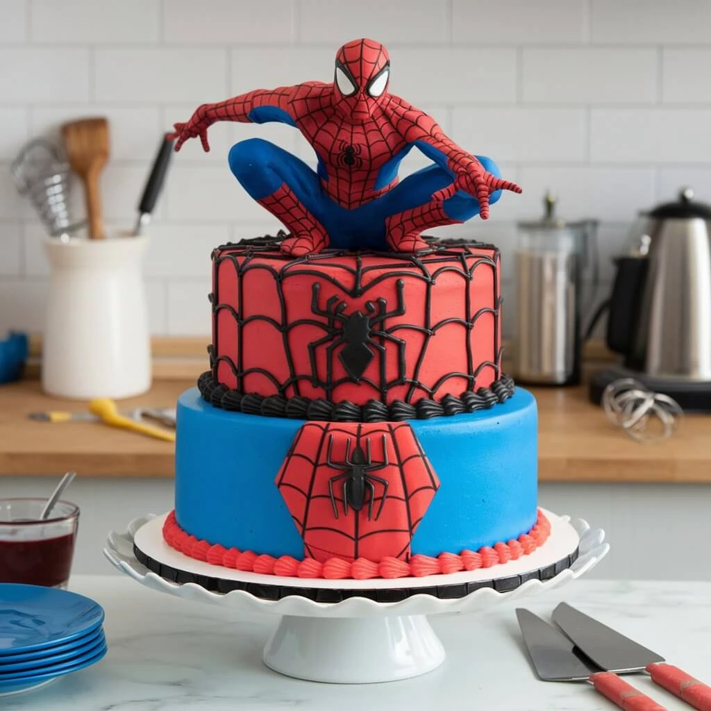 A homemade DIY Spiderman cake decorated with red and blue frosting, featuring a spiderweb design and Spiderman's face, perfect for superhero-themed parties