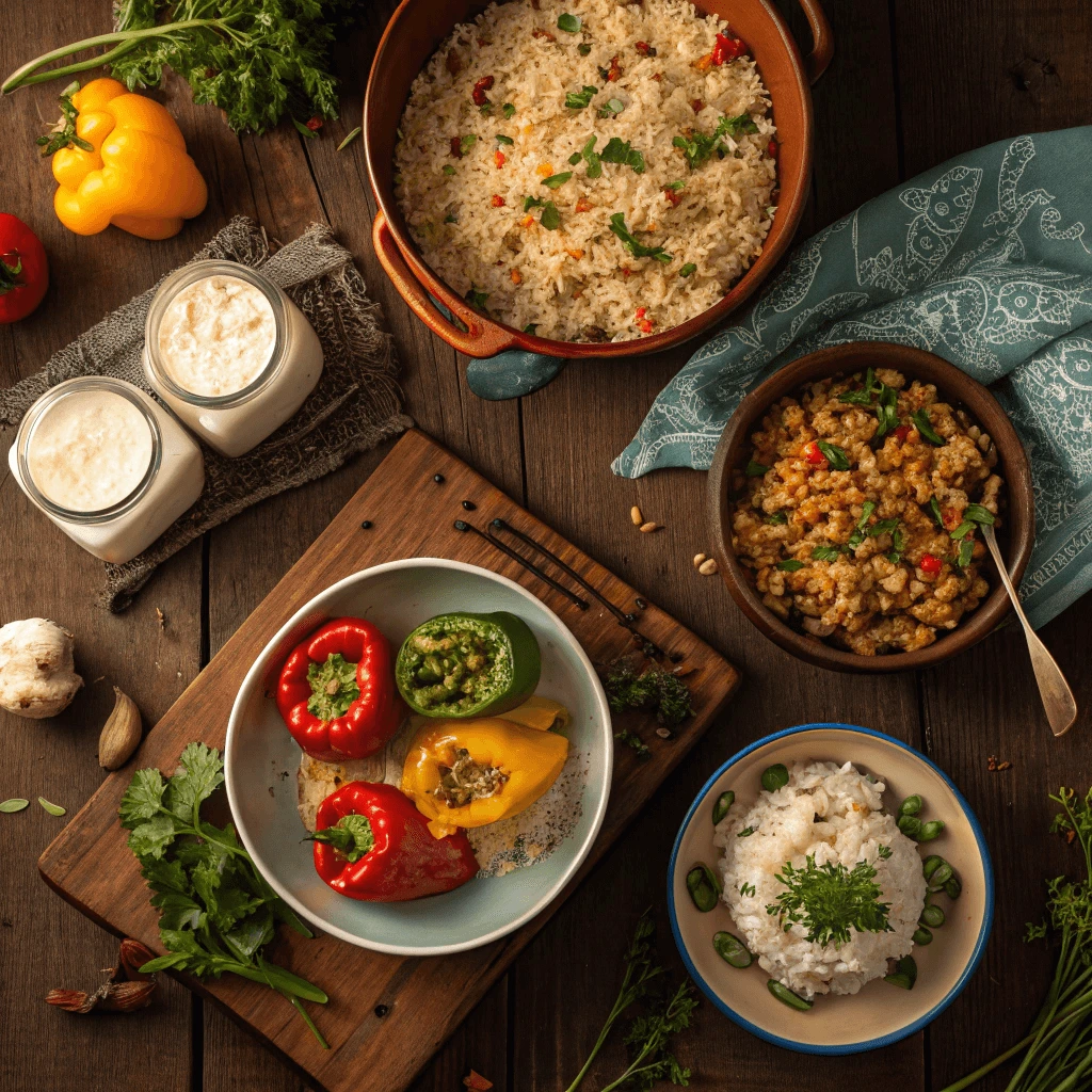 A variety of rice dishes displayed on a wooden table, showcasing easy and budget-friendly rice hack recipes.
