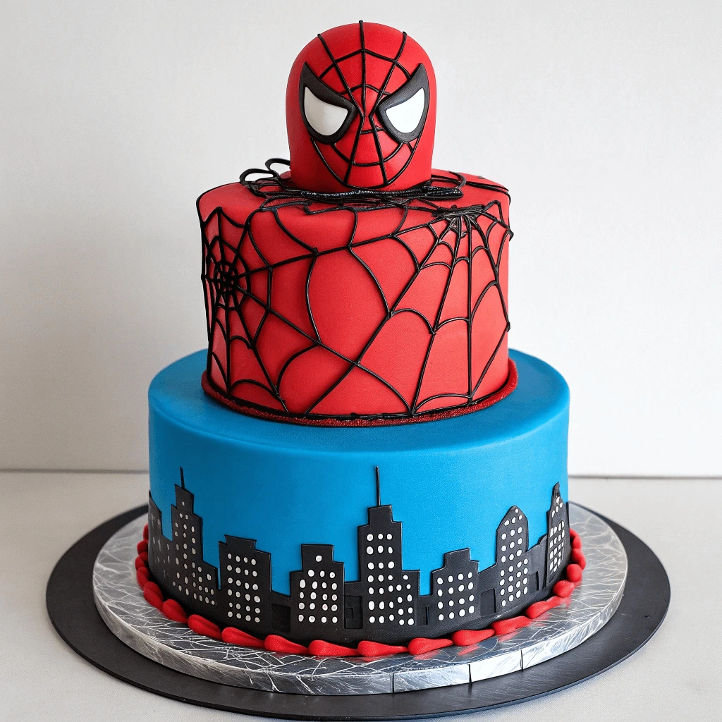 Spiderman cake with web design and superhero decorations.