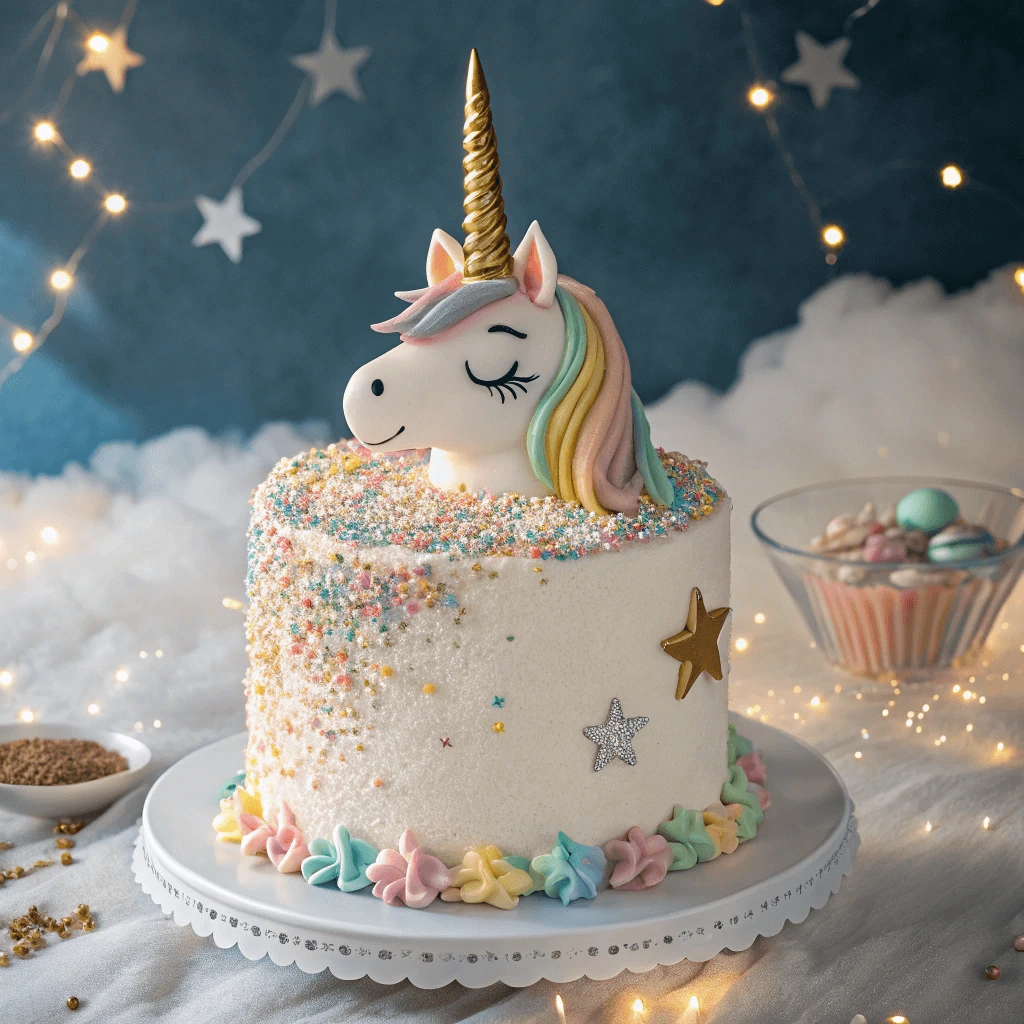 Easy Unicorn cake with edible glitter and sprinkles