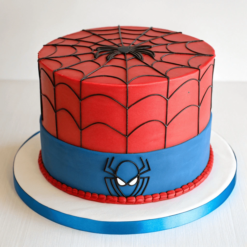 Close-up of Spiderman cake with red and blue fondant
