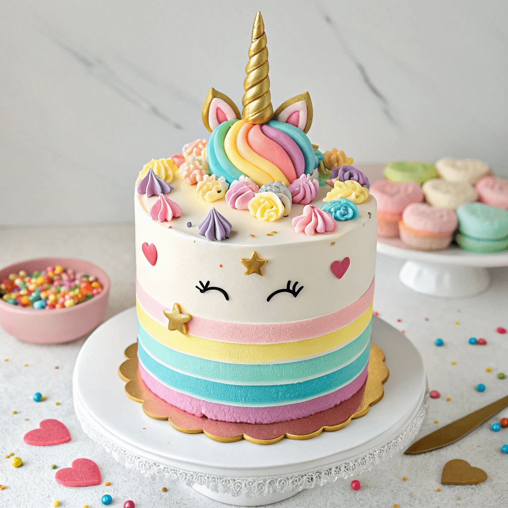 Colorful unicorn cake with rainbow frosting