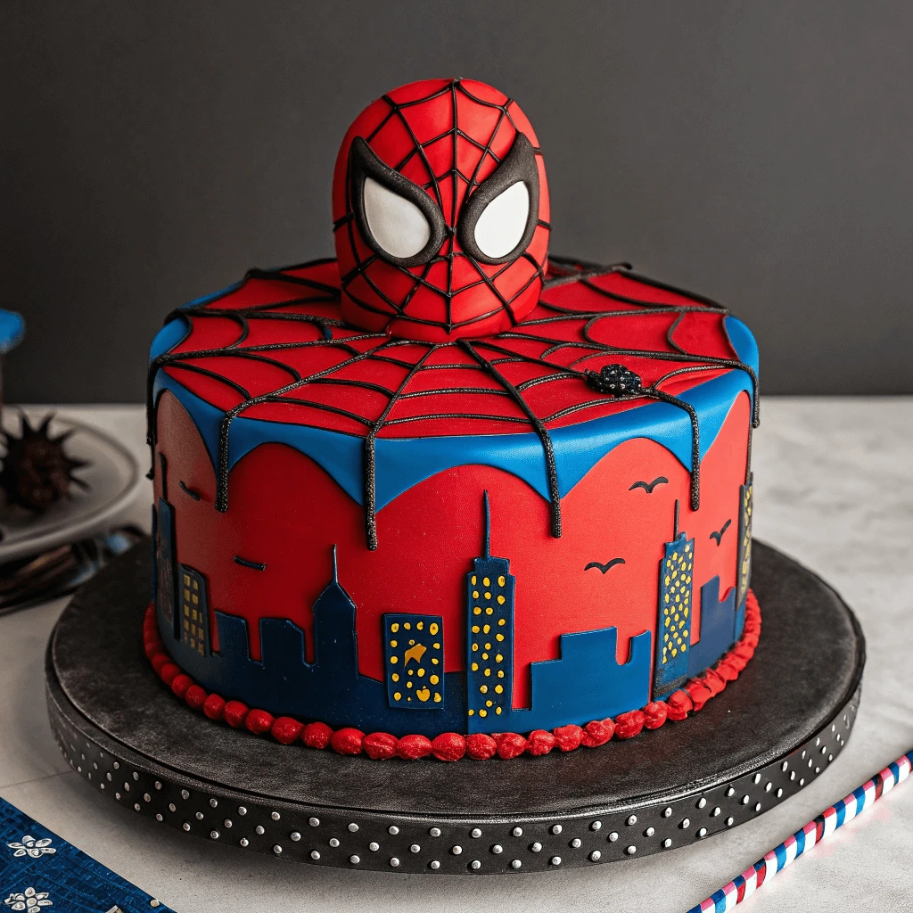 Decorating the Spiderman cake with fondant and Spiderman face.