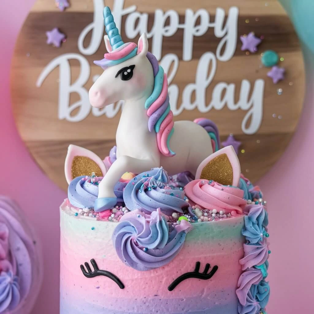 A colorful unicorn cake with a golden horn, rainbow buttercream mane, and fondant ears, decorated with edible glitter, set on a festive party table