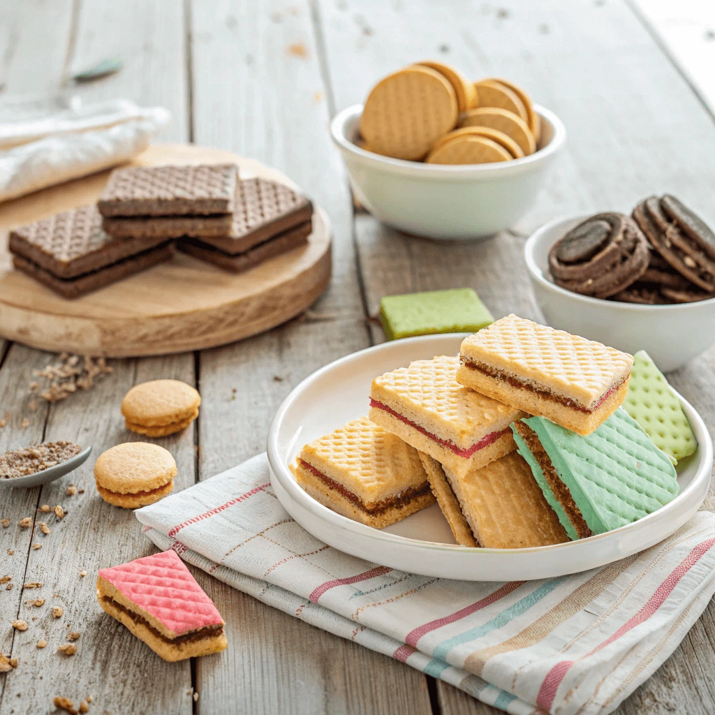 Variety of homemade wafer cookies recipes displayed on a rustic wooden table