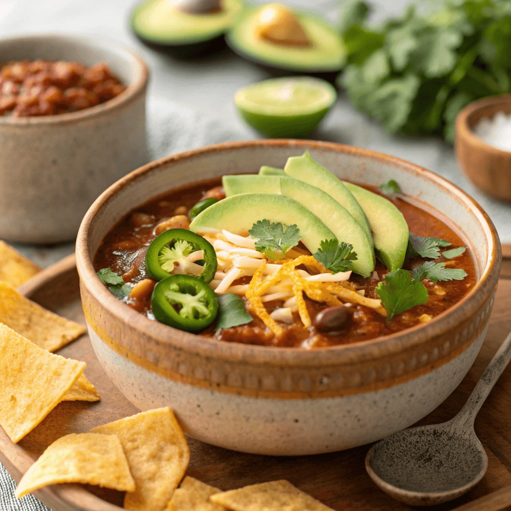 A bowl of Taco Soup Frios with avocado, cilantro, and jalapeños as toppings.