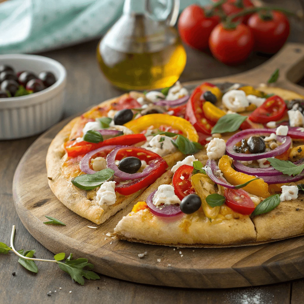 Freshly baked Mediterranean veggie pizza topped with colorful bell peppers, olives, and feta cheese.