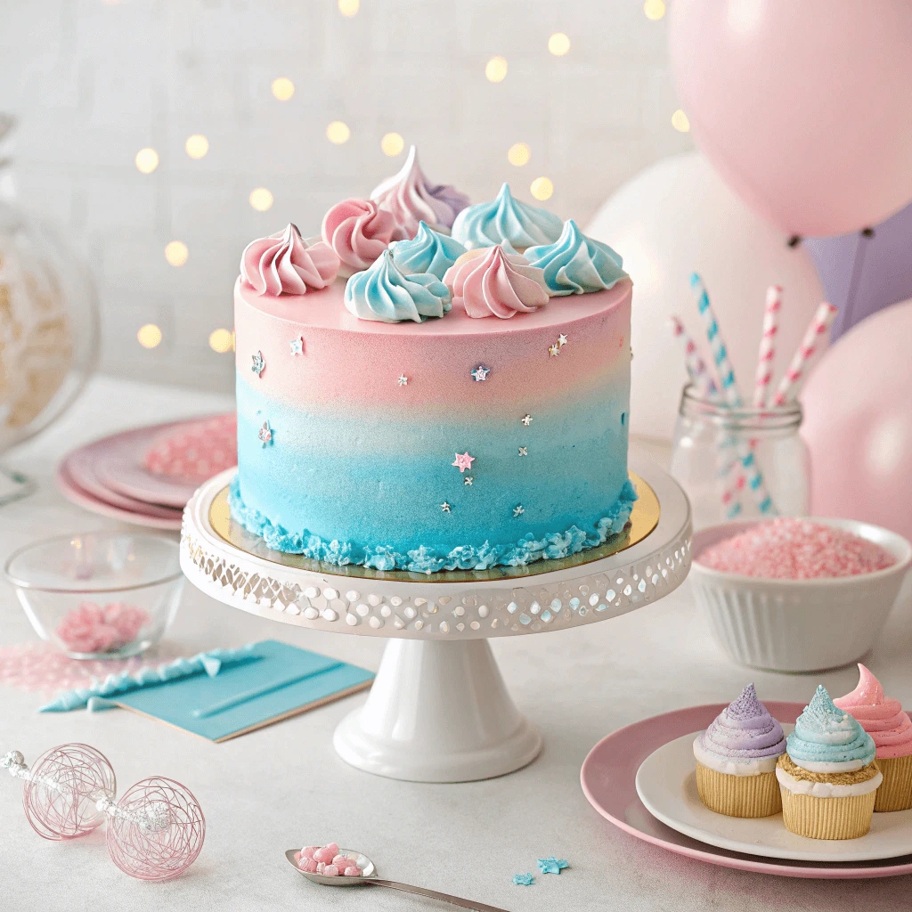 Colorful ombre gender reveal cake with sprinkles on top.