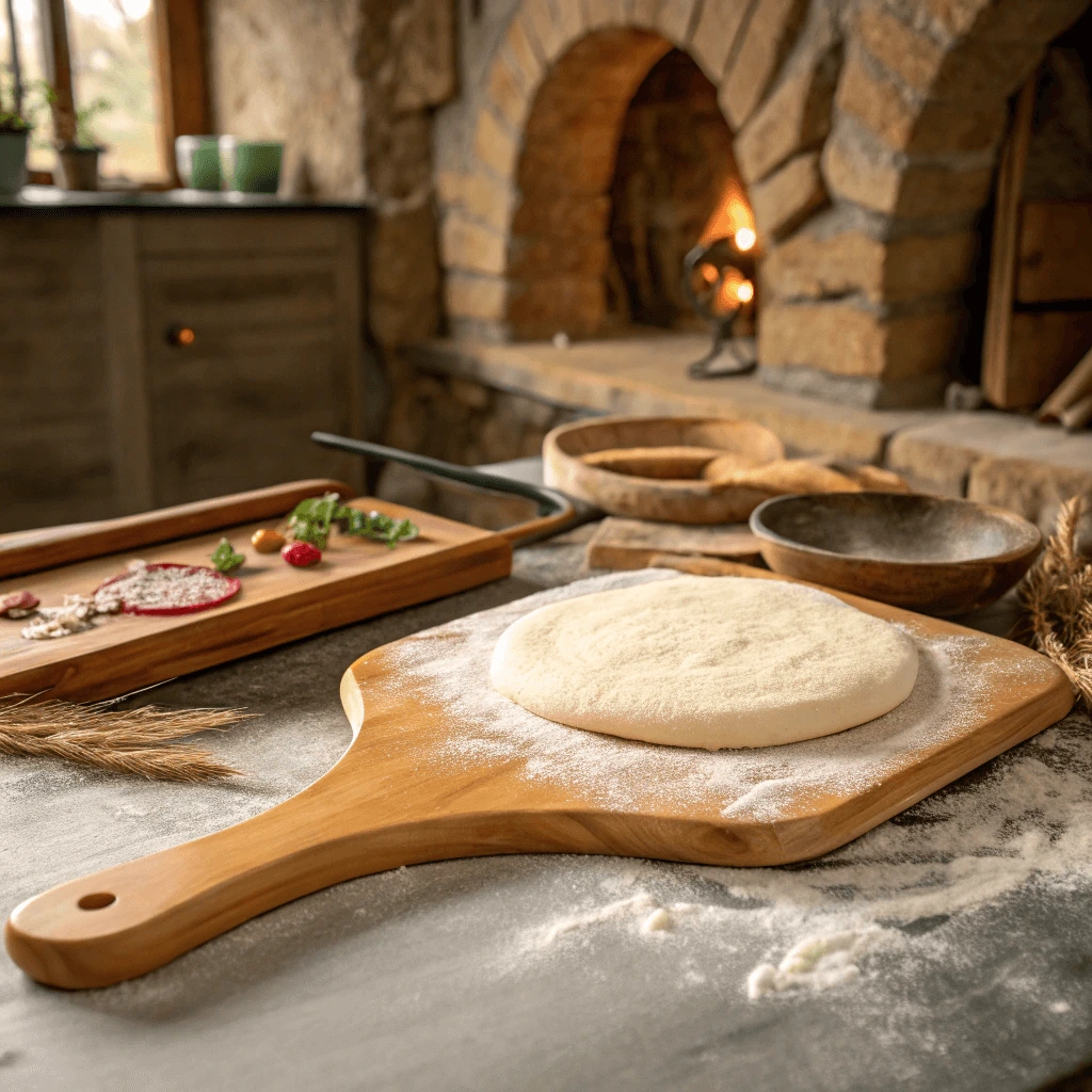 A pizza peel with a 10-inch pizza dough ready to be baked.