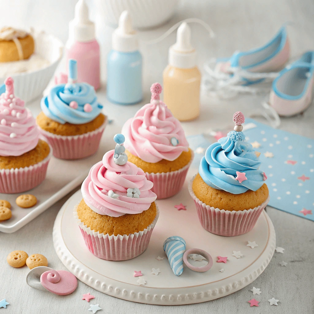 Decorated gender reveal cupcakes with baby-themed toppers