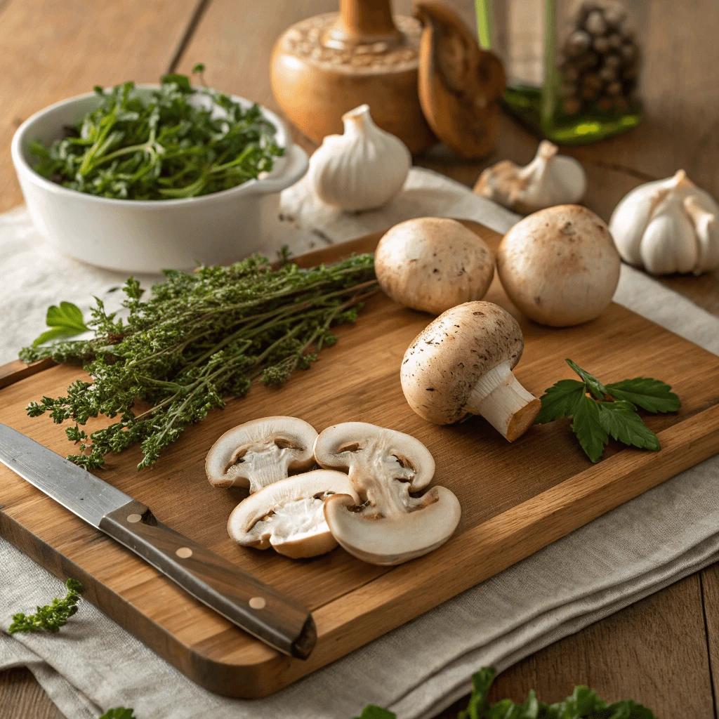 An assortment of button mushrooms and fresh herbs on a cutting board, ready for cooking.