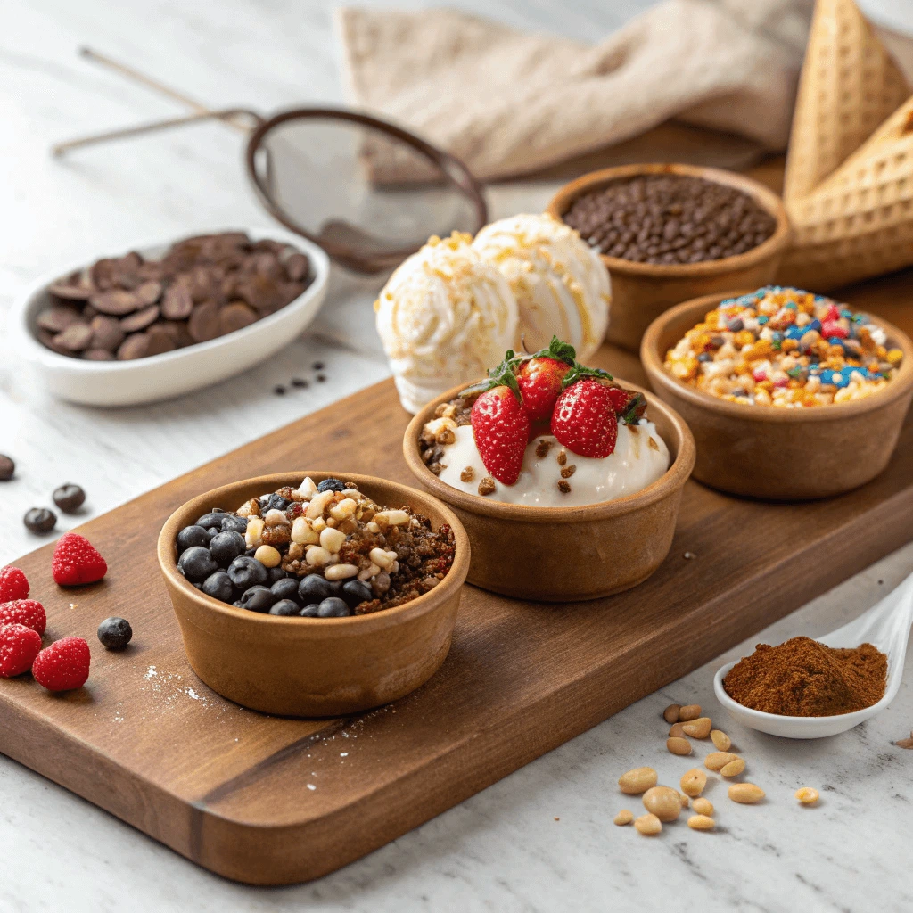 A variety of ice cream toppings ready to serve