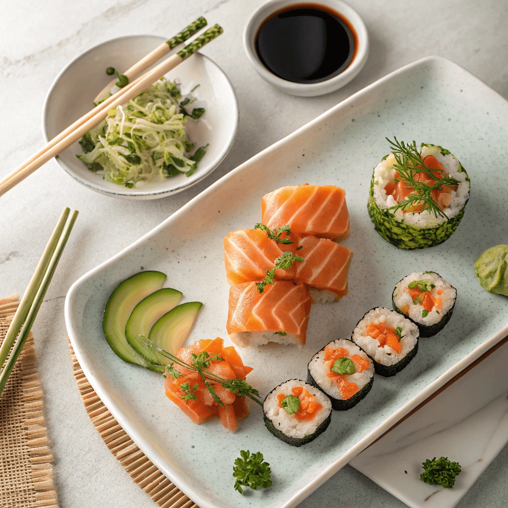 A variety of sushi-grade salmon dishes including tartare, nigiri, and maki rolls.