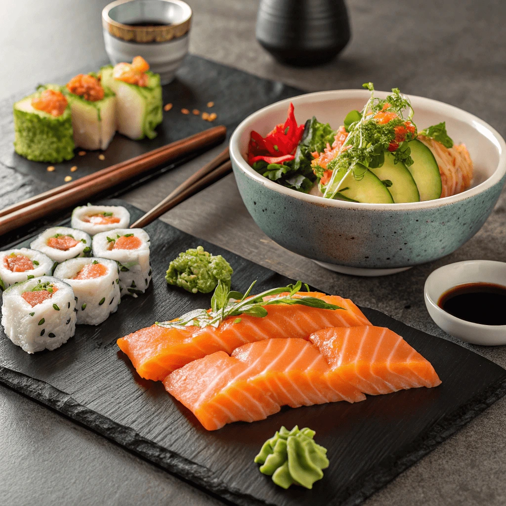 Salmon sashimi, poke bowl, tartare, and sushi rolls with fresh ingredients.