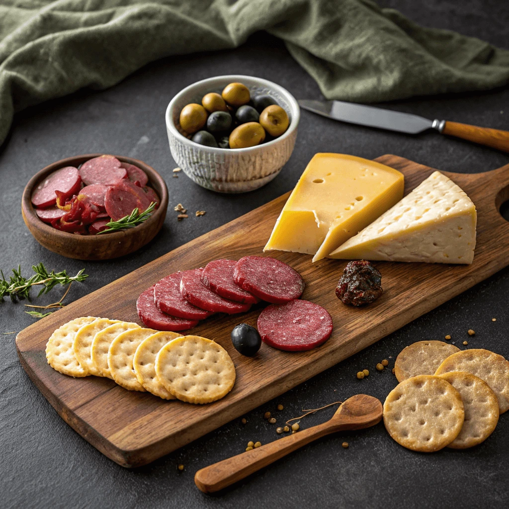 A selection of summer sausage, crackers, cheese, and olives on a wooden platter.