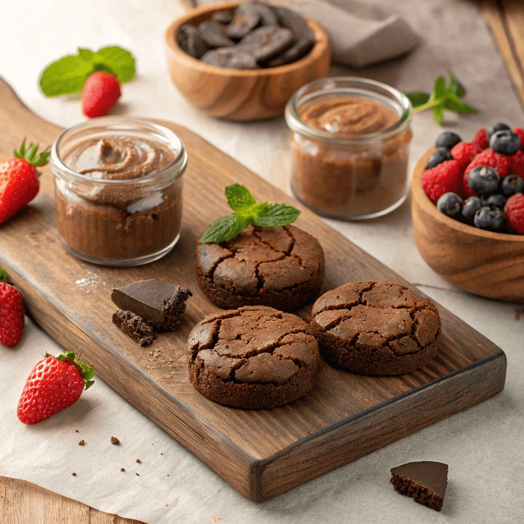 Assorted sugar free chocolate desserts including brownies, mousse, and cookies on a rustic wooden board.