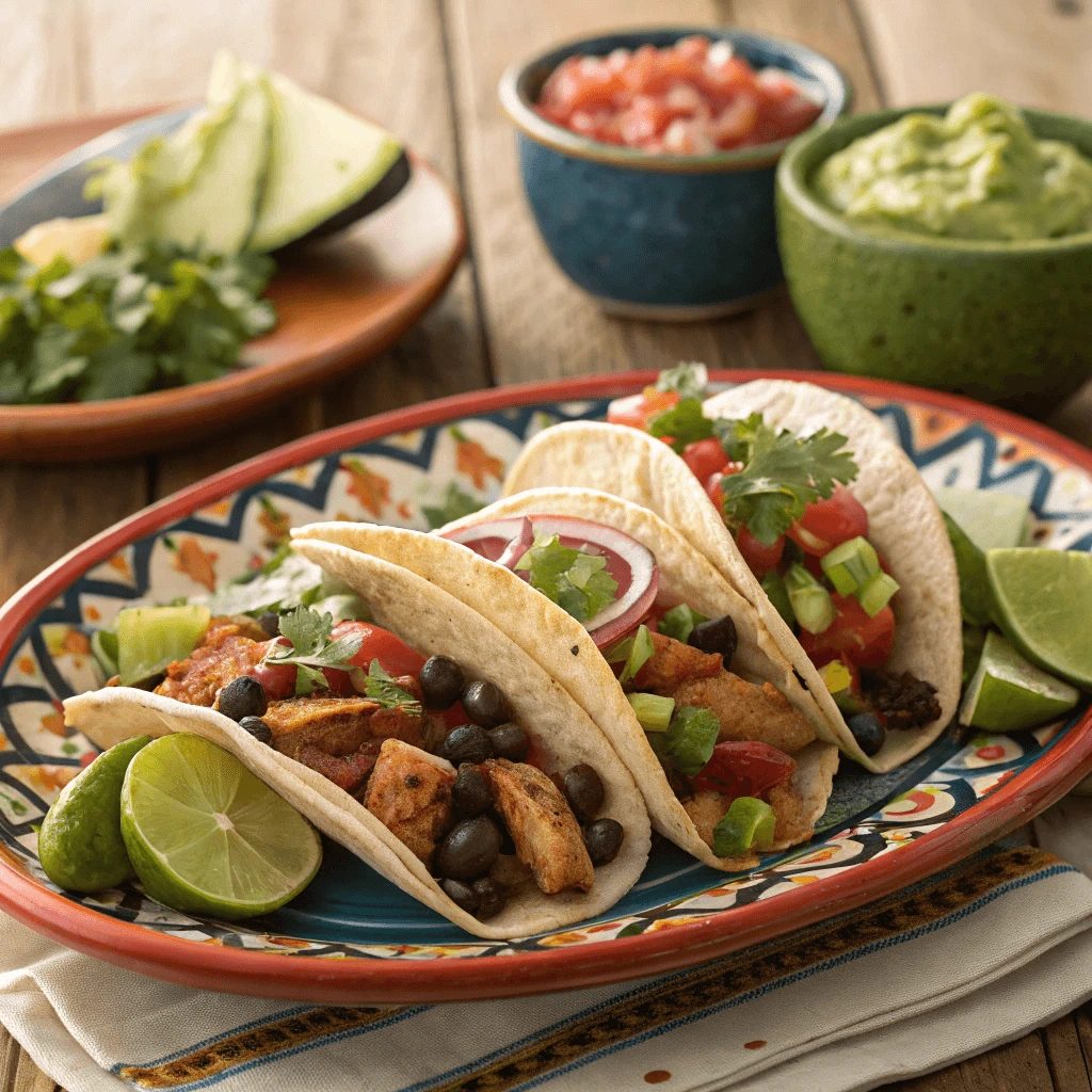 Assorted super tacos served with sides of guacamole and lime wedges